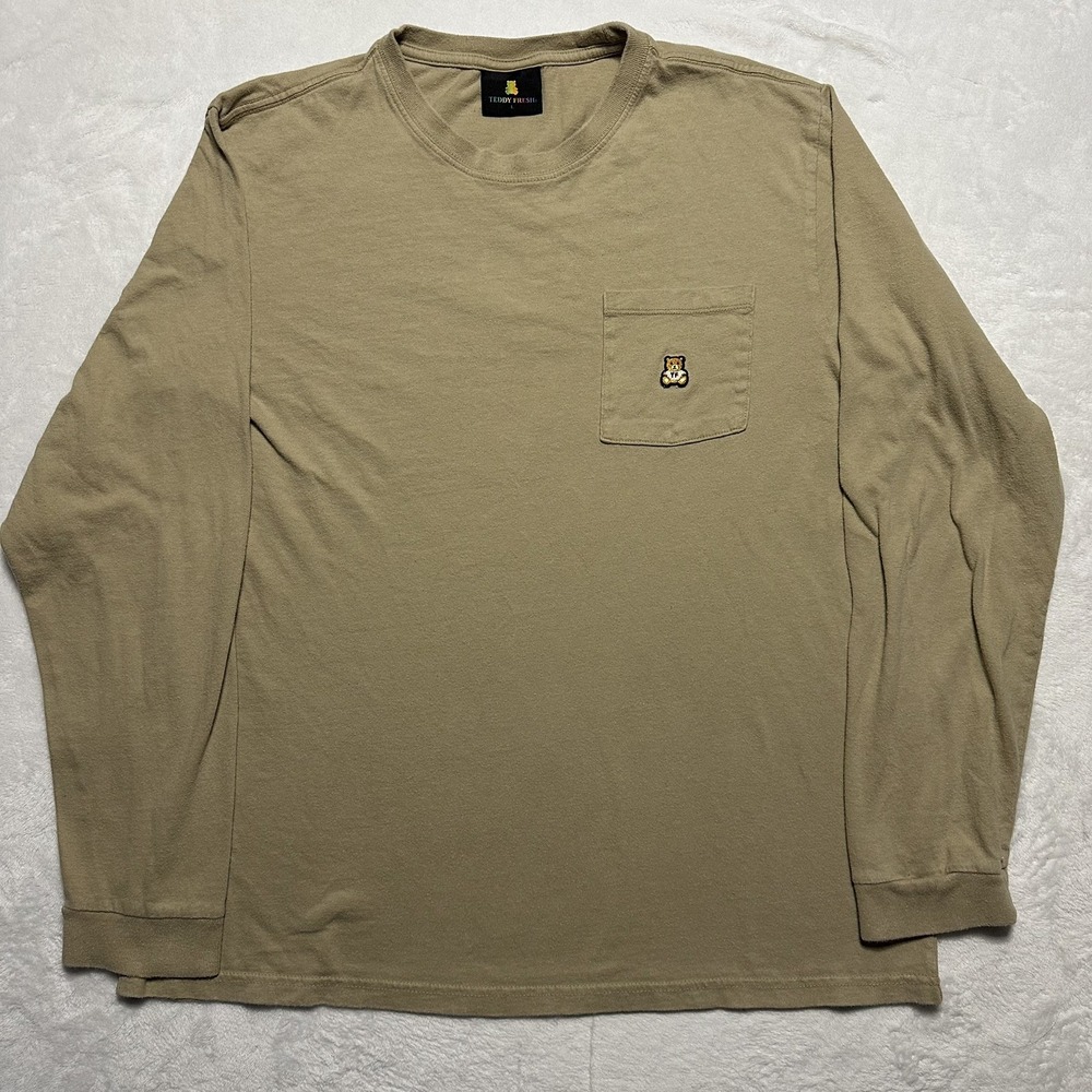 Teddy Fresh Beige Bear Logo Long Sleeve Pocket T-Shirt Men's Large Streetwear